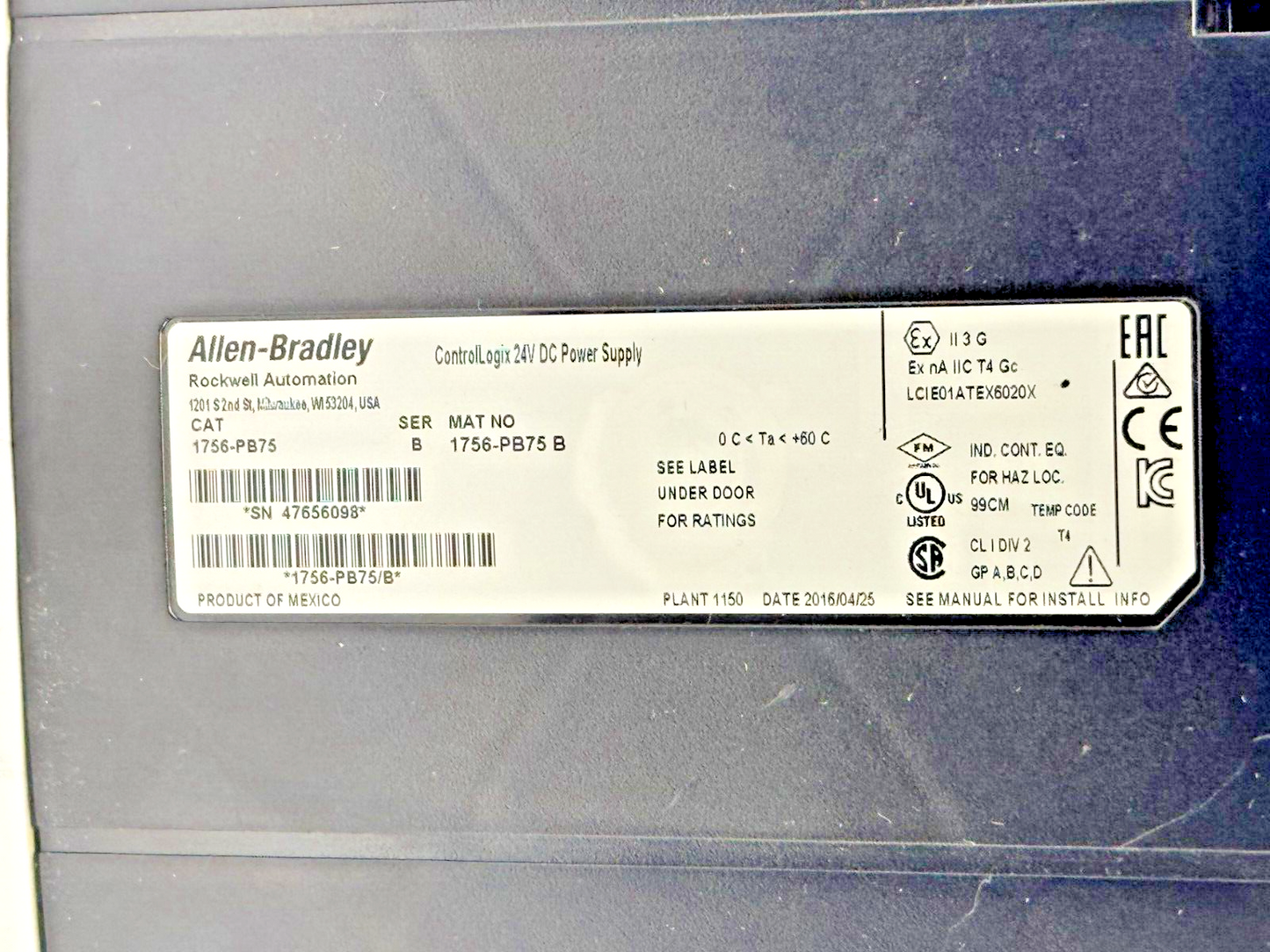 ALLEN-BRADLEY - 1756-PB75 SER. B - CONTROLLOGIX 24 VDC POWER SUPPLY & 1756-A10/C