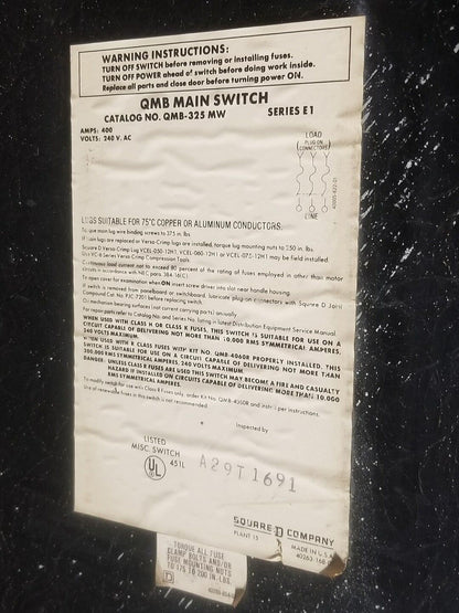 Square D QMB325-MW 400 Amp 240VAC Fusible QMB Panelboard Switch 400A QMB325MW