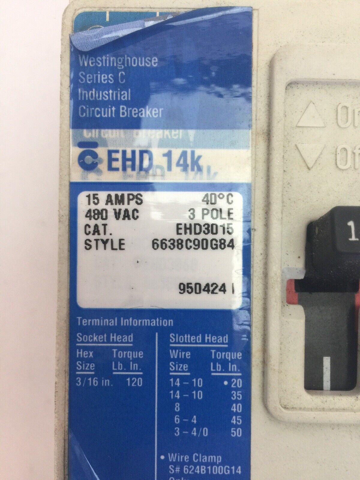 WESTINGHOUSE EHD3015 INDUSTRIAL CIRCUIT BREAKER 480VAC 250VAC 15AMP 3POLE SER C