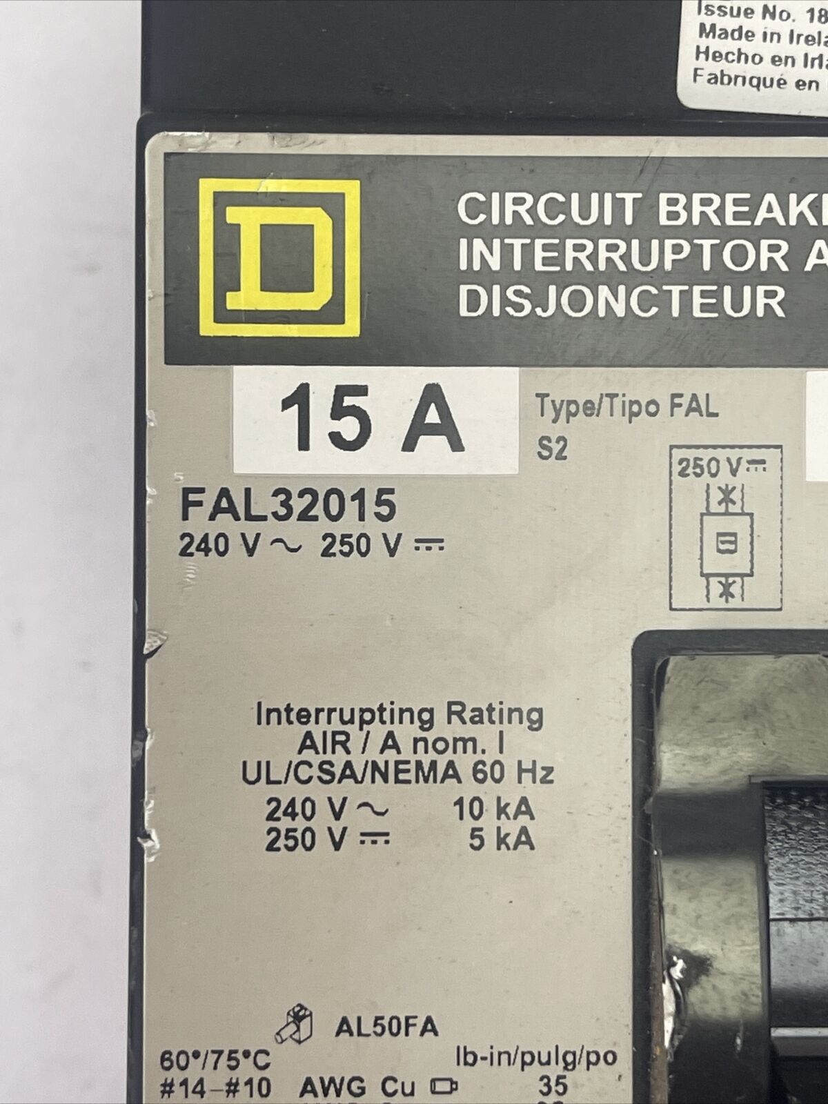 SQUARE D FAL32015 CIRCUIT BREAKER 240VAC 250VDC 15AMP 3POLE