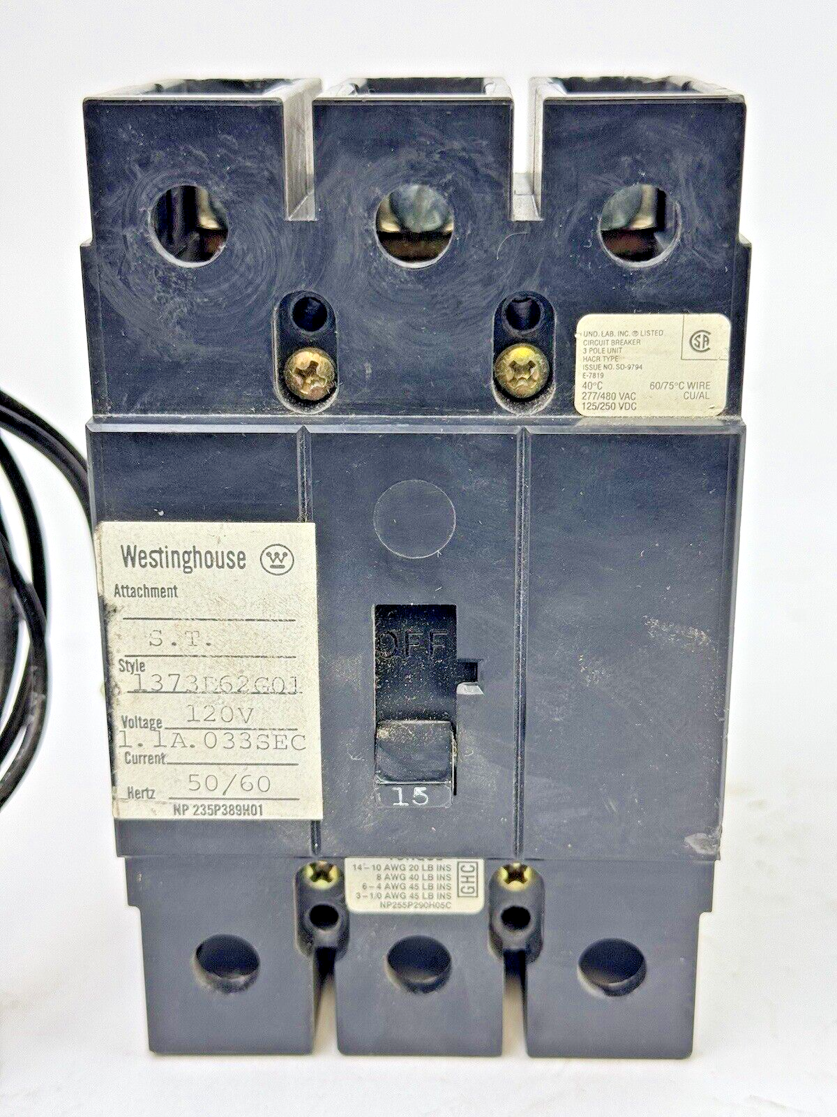 WESTINGHOUSE - GHC3015S1, 223P539H01B, 1373D62G01 SHUNT-3 POLE/480VAC/15A - NEW