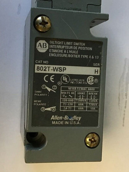 ALLEN BRADLEY 802T-WSP OILTIGHT LIMIT SWITCH SER.H W/40146-113-53 OPERATOR HEAD