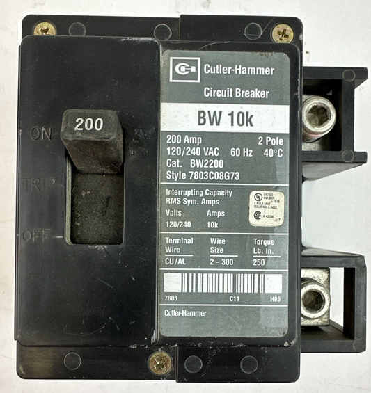 CUTLER HAMMER BW2200 CIRCUIT BREAKER BW 10K 200AMP 120/240VAC 2POLE 7803C08G73