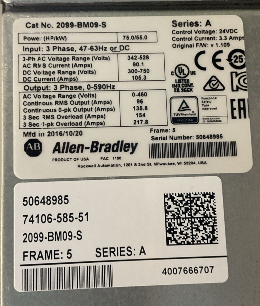 ALLEN BRADLEY 2099-BM09-S SERVO DRIVE KINETIX 7000 380/480VAC 300-750VDC 135/96A