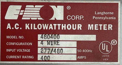 E-MON 480400 AC KILOWATTHOUR METER 4WIRE 277/480V 50-400HZ 400AMP D-MON