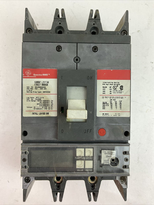GE SGLB36BA0400 CURRENT LIMITING CIRCUIT BREAKER 400AMP 600VAC TRIP PLUG 250A