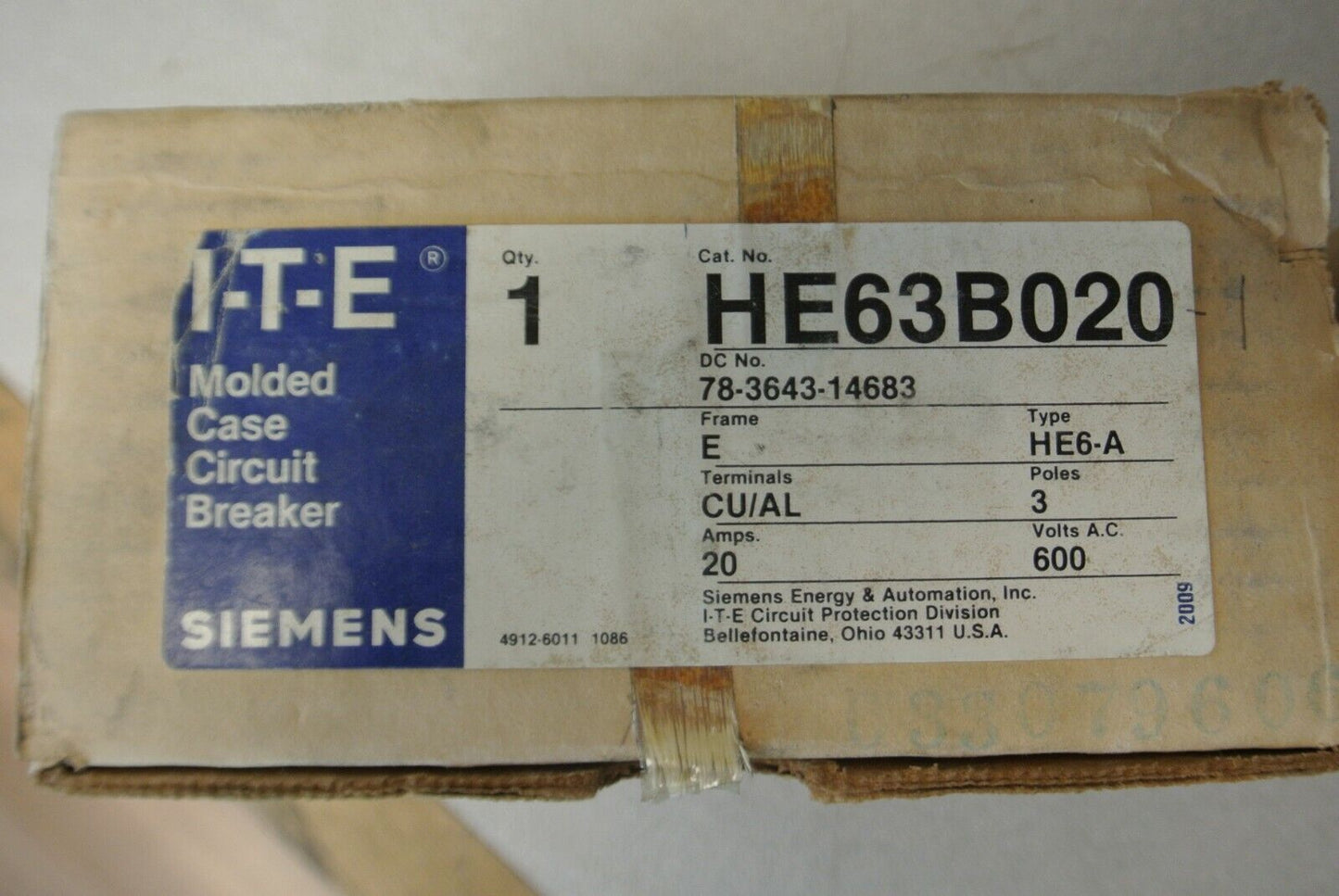 I-T-E / SIEMENS HE63B020 CIRCUIT BREAKER / 3-POLE / 20A / 600VAC / NEW SURPLUS