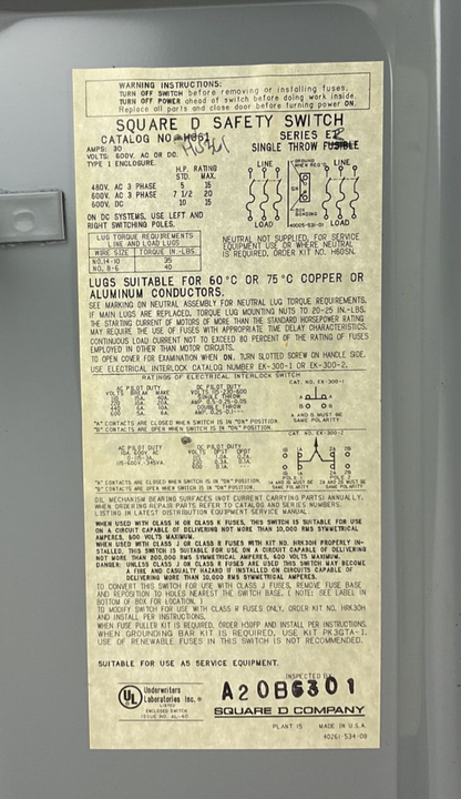 SQUARE D HU361 SAFETY SWITCH NON-FUSIBLE SER.ER  30A 600V