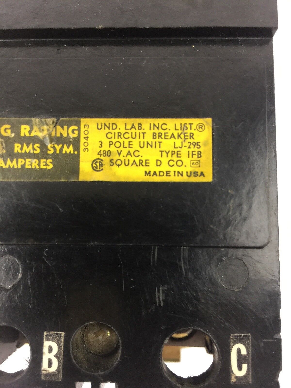 SQUARE D IFB34040S CIRCUIT BREAKER 480 VAC 40 AMP 3 POLE TYPE IFB SPECIAL MADE
