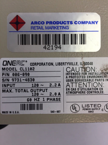 ONEAC CL1102 POWER CONDITIONER INPUT 120VAC 2.2A OUTPUT 120VAC 2.0A 60HZ 1 PHASE