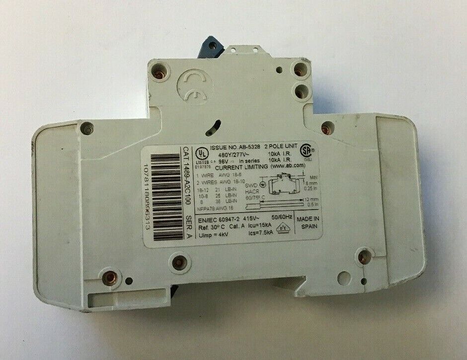 ALLEN BRADLEY 1489-A2C100  SER A 2 POLE 10A CIRCUIT BREAKER 277VAC/96VDC
