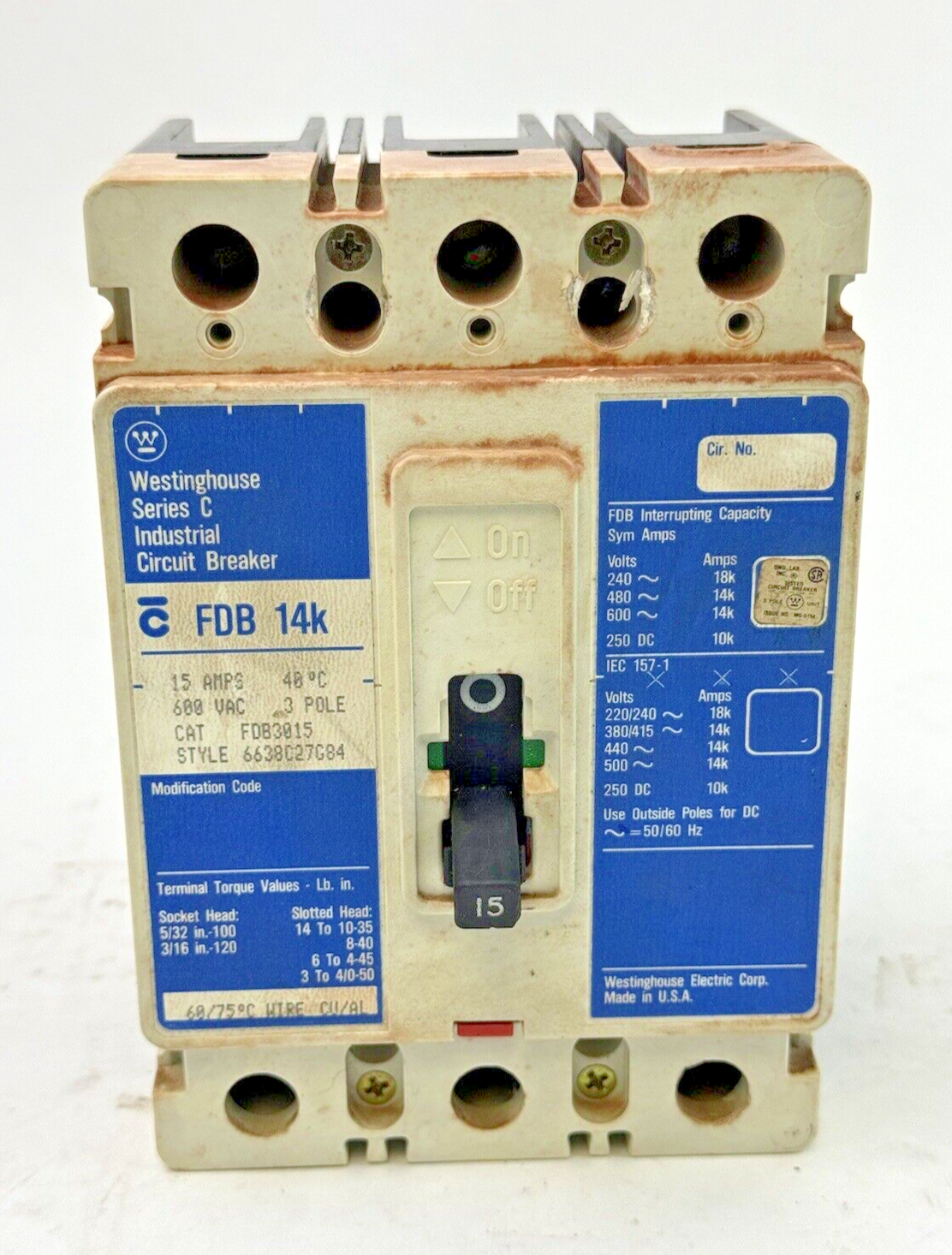 WESTINGHOUSE - FDB3015 - INDUSTRIAL CIRCUIT BREAKER - 3 POLE/ 15 A/ 600 VAC