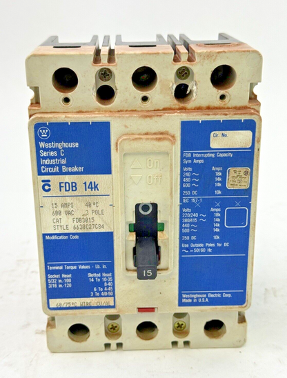 WESTINGHOUSE - FDB3015 - INDUSTRIAL CIRCUIT BREAKER - 3 POLE/ 15 A/ 600 VAC