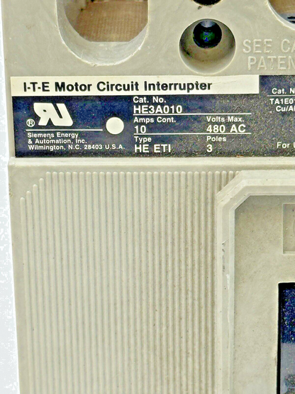 ITE - HE3A010 - MOTOR CIRCUIT INTERRUPTER - 10 A/3 POLE/480 VAC/TYPE HE ETI