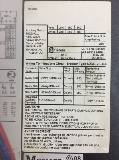 MOELLER NZMB2 CIRCUIT BREAKER 125A 600VAC