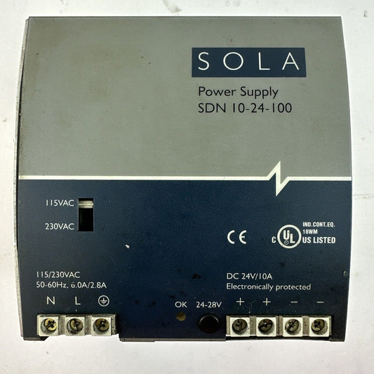 SOLA SDN 10-24-100 POWER SUPPLY 24VDC 10A 115/230VAC 6.0/2.8A