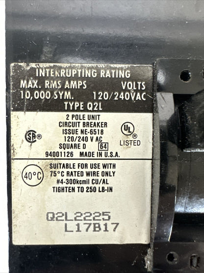 SQUARE D Q2L2225 CIRCUIT BREAKER 225AMP 2POLE 120/240VAC