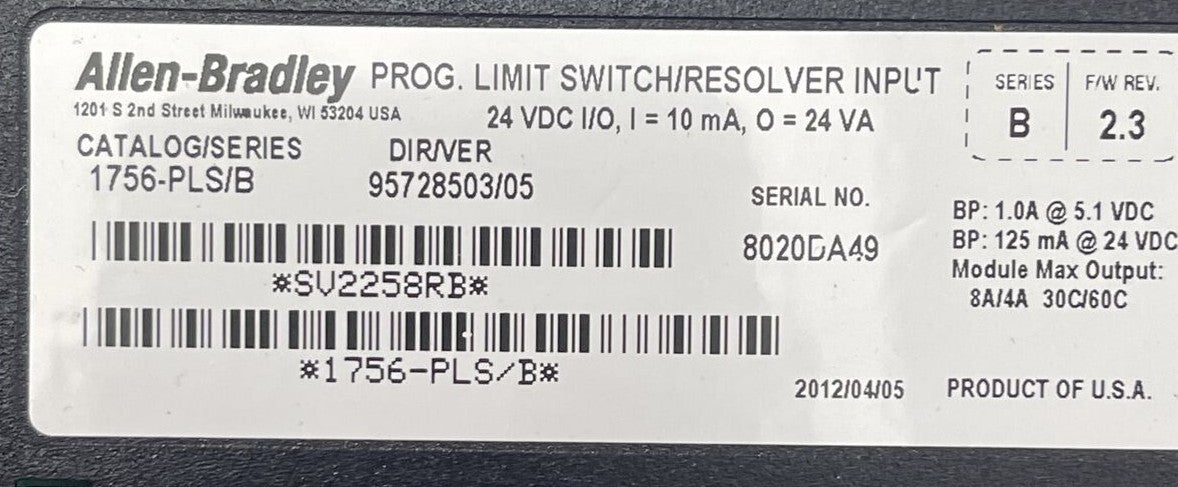 ALLEN BRADLEY 1756-PLS PROG. LIMIT SWITCH/RESOLVER INPUT SER B F/W REV 2.3
