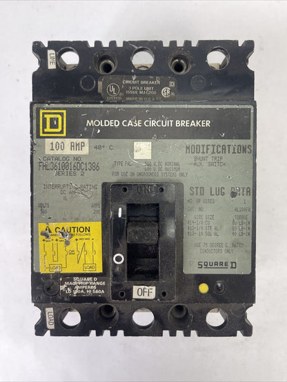 SQUARE D FHL3610016DC1386 MOLDED CASE CIRCUIT BREAKER 100AMP 600VDC 3POLE SER 2