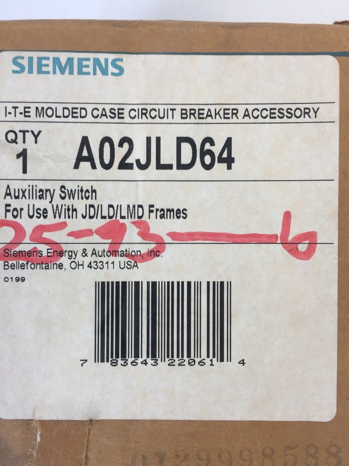 SIEMENS A02JLD64 AUXILARY SWITCH FOR USE WITH JD/LD/LMD FRAMES
