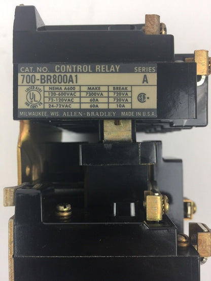 ALLEN BRADLEY 700-BR800A1 AC RELAY TYPE BR 8 POLE 8 N.O. 120V 60HZ 110V 50HZ