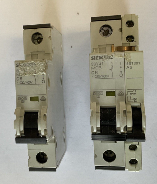 SIEMENS 5SY41 MCB C6 CIRCUIT BREAKER ONE(1) W/5ST3010 ONE(1) W/O 5ST3010