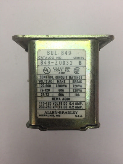 ALLEN BRADLEY 849-Z0D32 TIMING RELAY SER B 600VAC 250VDC 21A244 COIL 120V 60HZ