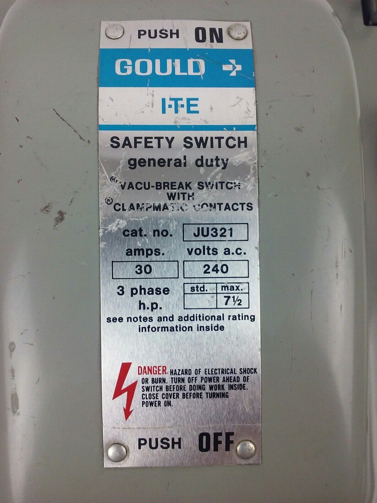 GOULD I-T-E, JU321, 30A, 240VAC/250VDC, 7.5 MAX H.P., 3PH, NEW GOOD CONDITION