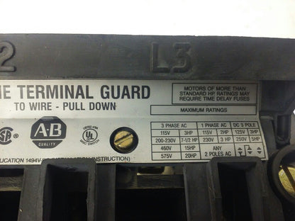 ALLEN BRADLEY 1494V-DS30 SER. A, FUSIBLE SWITCH, 3PH, 3P, 30A, 600V,1494V-FSR633