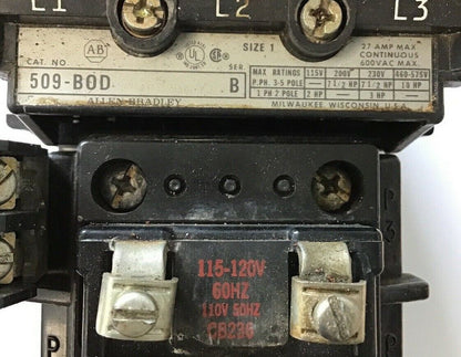 ALLEN BRADLEY 509-B0D SIZE 1 STARTER 600VAC 27AMP 10HP W26 HEATERS 120V COIL