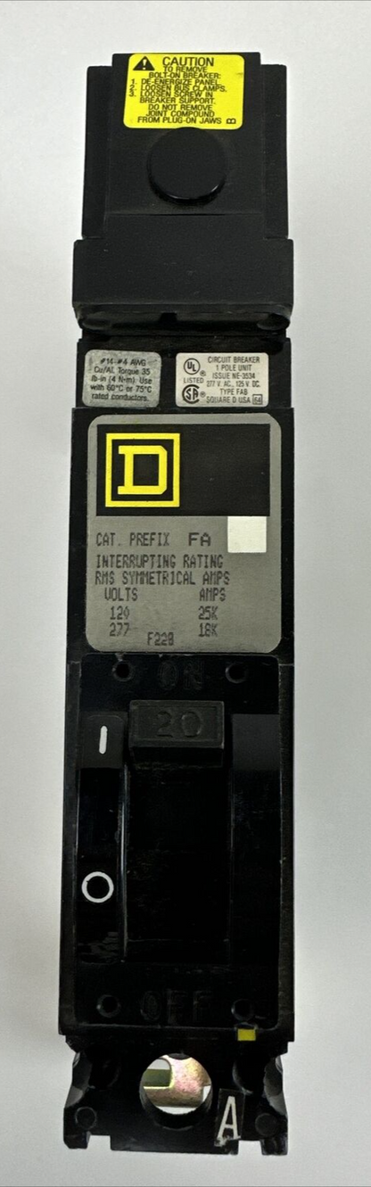 SQUARE D FAB14020A CIRCUIT BREAKER 20AMP 277VAC 125VDC 1POLE