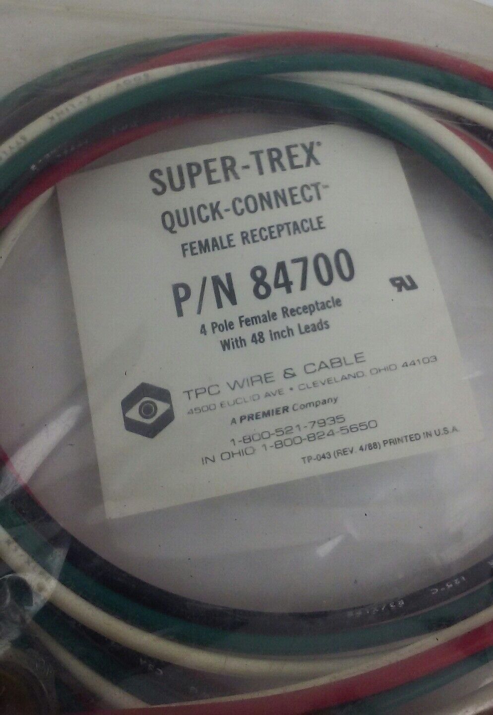 (NEW) TPC Wire & Cable 84700 - 4-Pole Female Receptacle Super-Trex Quick-Connect