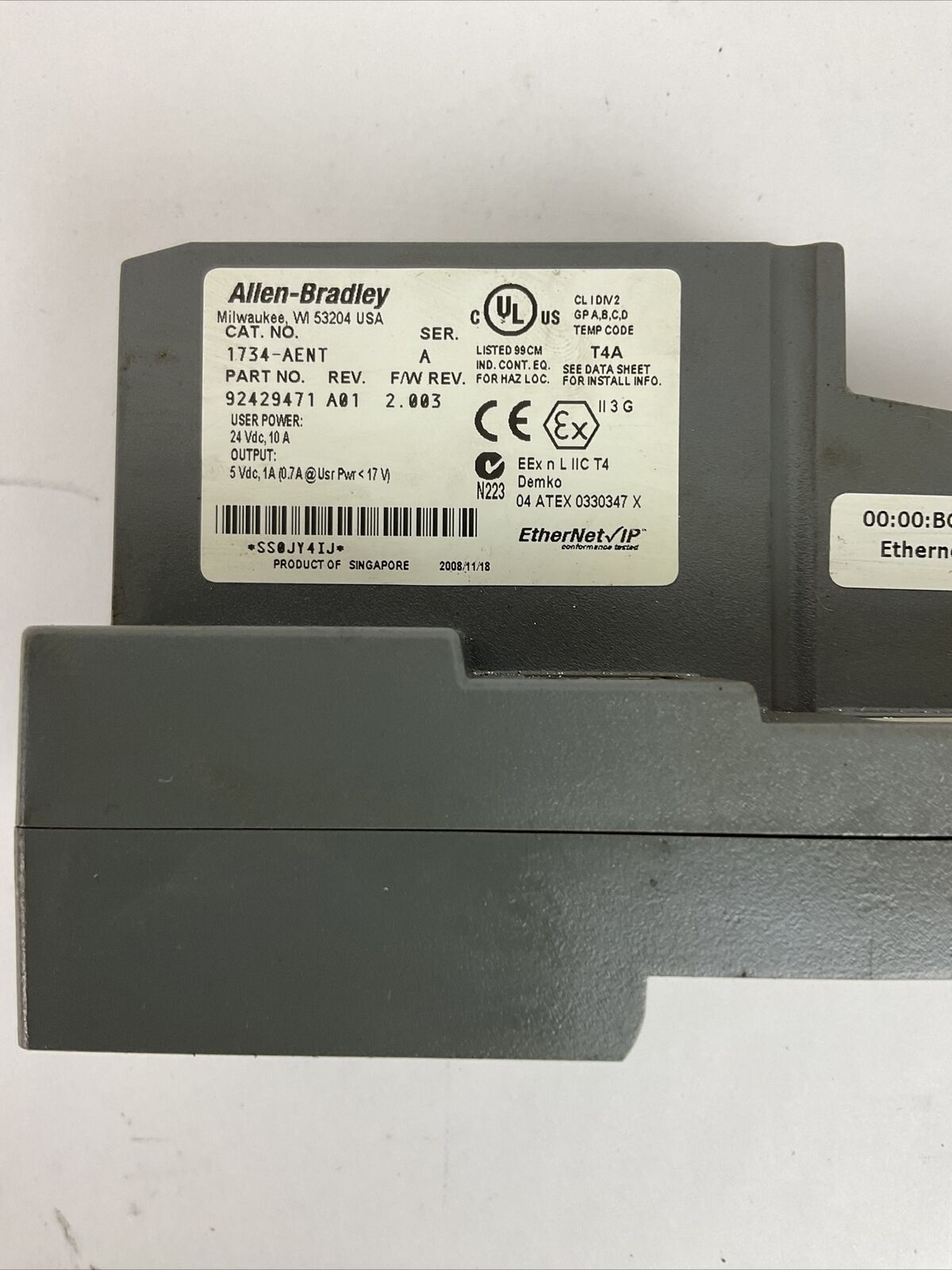 ALLEN BRADLEY 1734-AENT SER A REV01  F/W 2.003 ETHERNET/IP I/O ADAPTER