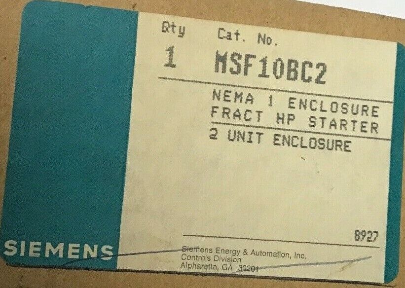 SIEMENS MSF10BC2 FRACTIONAL HP MANUAL STARTER 2 UNIT ENCLOSURE