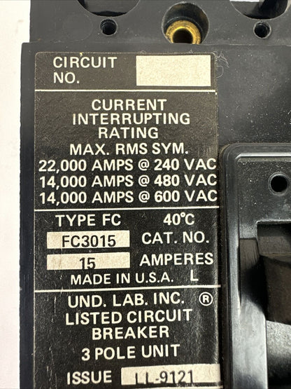 CUTLER HAMMER FC3015 CIRCUIT BREAKER 15AMP 3POLE 240/480/600VAC