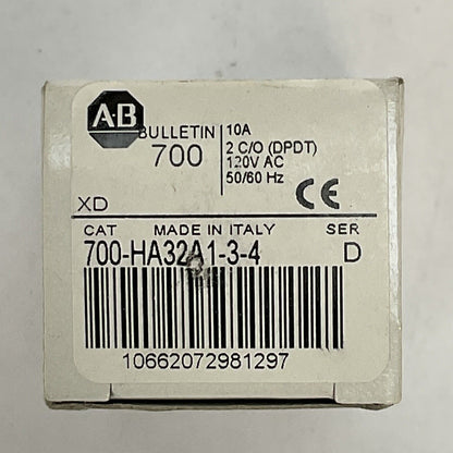 ALLEN BRADLEY 700-HA32A1-3-4 SER D RELAY 10A 2 C/O (DPDT) 120VAC 50/60HZ
