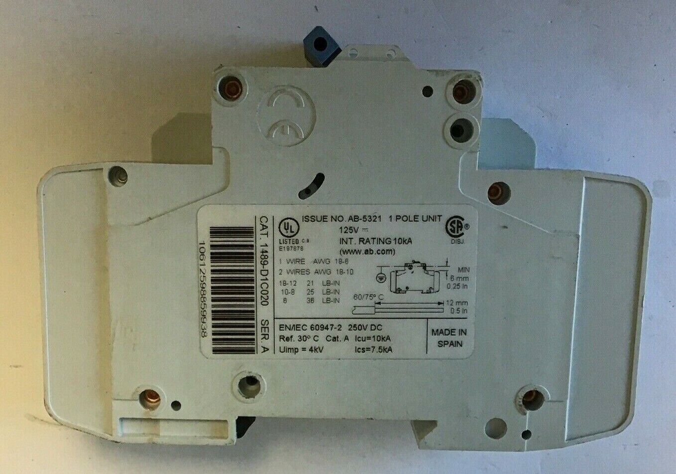 ALLEN BRADLEY 1489-D1C020 SER.A CIRCUIT BREAKER W/ 1489-ABH12 AUX. CURCUIT