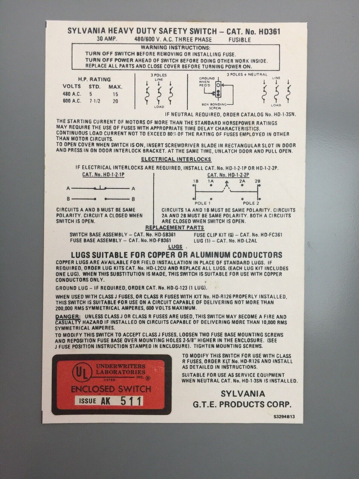 SYLVANIA HD361 FUSIBLE HEAVY DUTY SAFETY SWITCH 30AMP 480/600VAC 20HP 3 PHASE