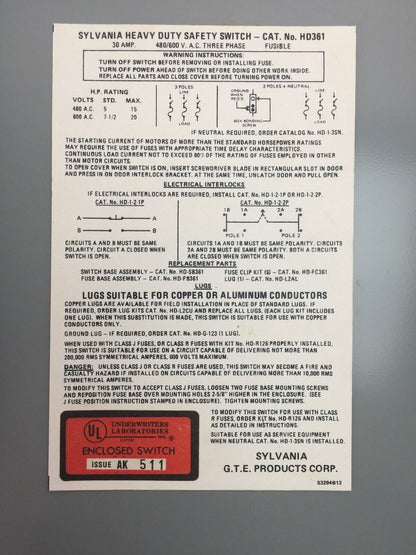 SYLVANIA HD361 FUSIBLE HEAVY DUTY SAFETY SWITCH 30AMP 480/600VAC 20HP 3 PHASE