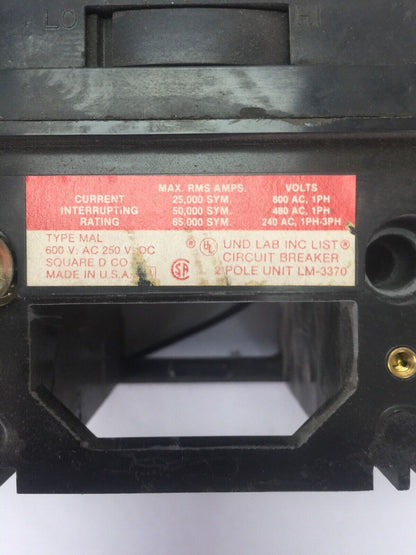 SQUARE D MHF266001028 CIRCUIT BREAKER 600VAC 2POLE 600AMPS
