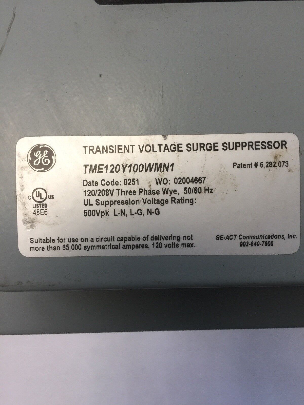 GE TME120Y100WMN1 TRANSIENT VOLTAGE SURGE SUPPRESSOR 120/208V THREE PHASE 50/60H