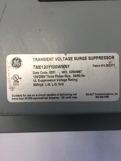 GE TME120Y100WMN1 TRANSIENT VOLTAGE SURGE SUPPRESSOR 120/208V THREE PHASE 50/60H