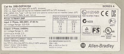 ALLEN BRADLEY 25B-D2P3N104 AC DRIVE FRN 1.003 SER A OUTPUT 0-460VAC