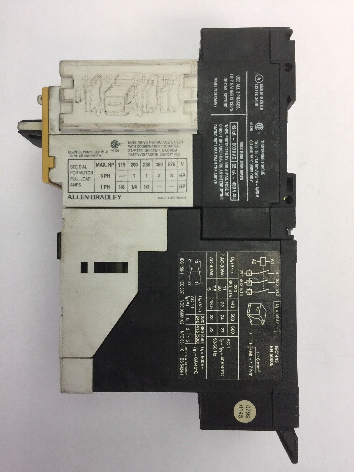 ALLEN BRADLEY MOTOR STARTER 190-P040 SER A 190-MN SER A 190-A40 SER B COIL 120V