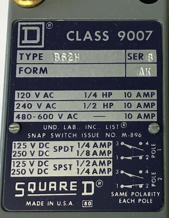 SQUARE D CLASS 9007 B62H LIMIT SWITCH SER.B