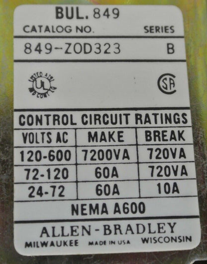 ALLEN-BRADLEY 849-ZOD323 PNEUMATIC TIMING RELAY / ON-DELAY / 120V - NEW SURPLUS