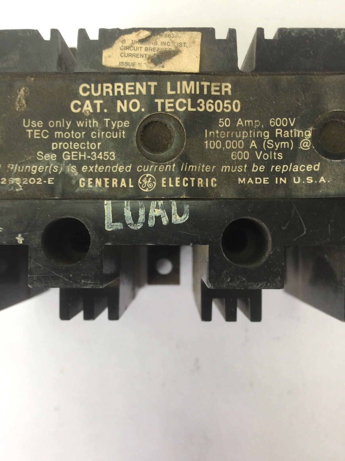 GE TECL36050 CURRENT LIMITER 50A 600V USE ONLY W/ TYPE TEC MOTOR CIRCUIT PROTECT