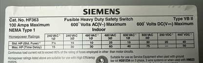 SIEMENS HF363 TYPE VB II FUSIBLE HD SAFETY SWITCH 600V 100AMP NEMA TYPE 1 INDOOR