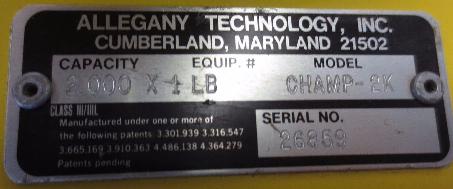 CHAMPION CHAMP-2K CRANE SCALE 2000 LB CAPACITY ALLEGANY FOR PARTS or NOT WORKING