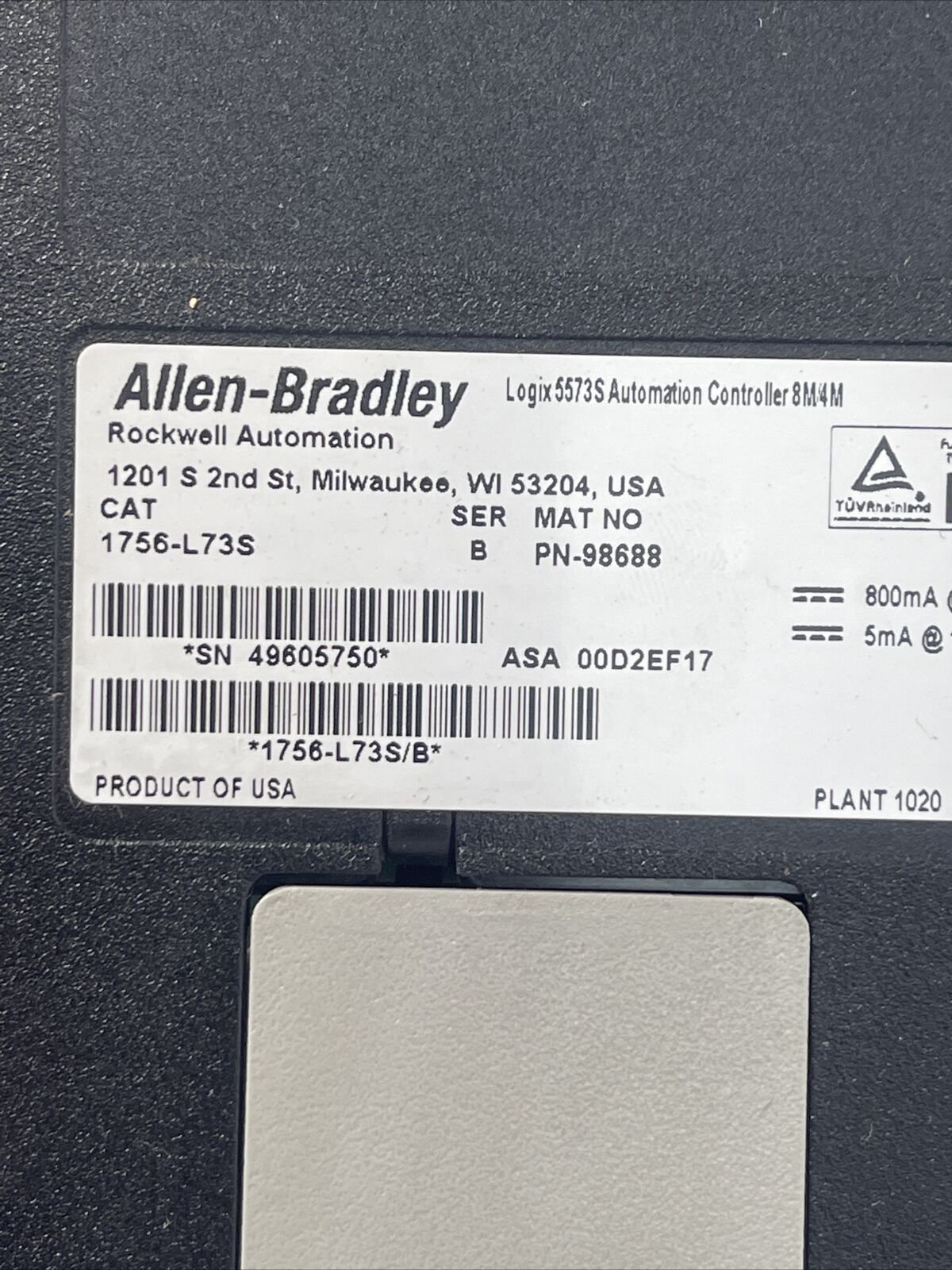 ALLEN BRADLEY 1756-L73S SER B FW 1.010 LOGIX 5573S AUTOMATION CONTROLLER 8M/4M